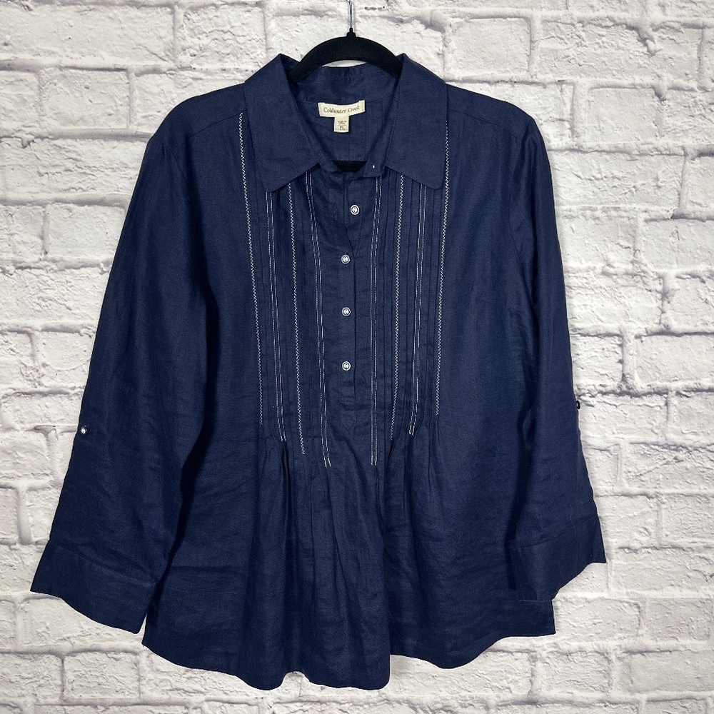 Coldwater Creek Navy Stitch Detail Linen Pleat Tuck Tunic Tab Sleeve